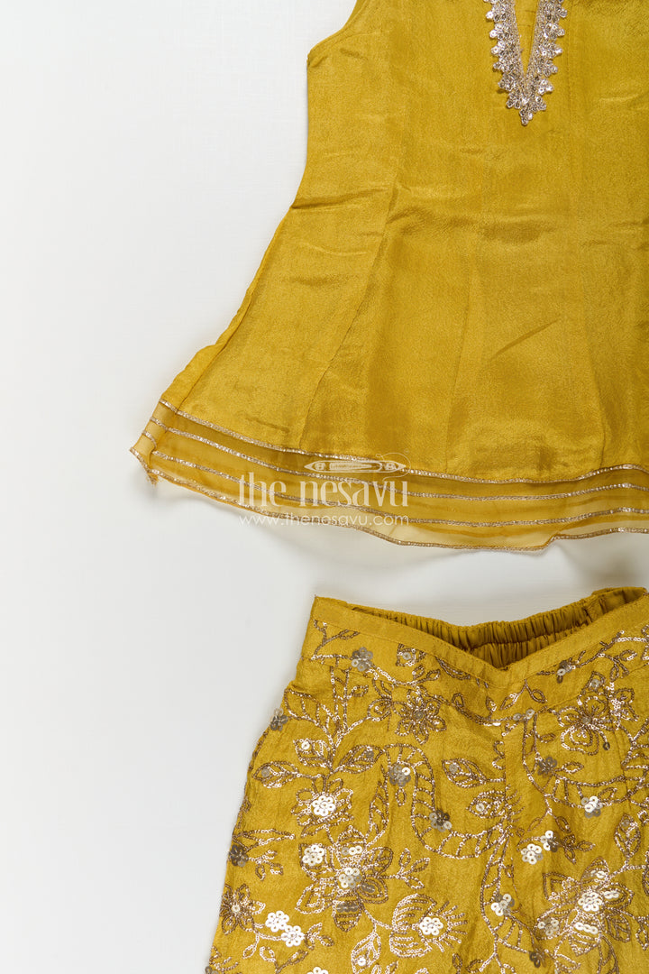Girls Mustard Dress of Sharara in Viscose Tissue with Designer Sequin Embroidered Pants