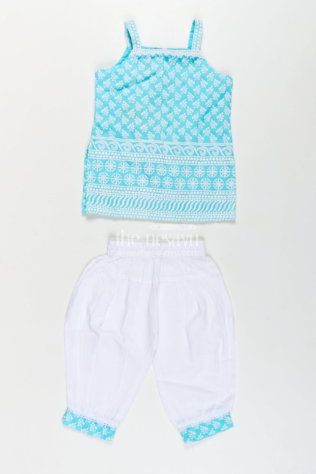 Girls New Chudi Set in Blue Cotton with Thread Embroidery Yoke and Matching White Dhoti Pants