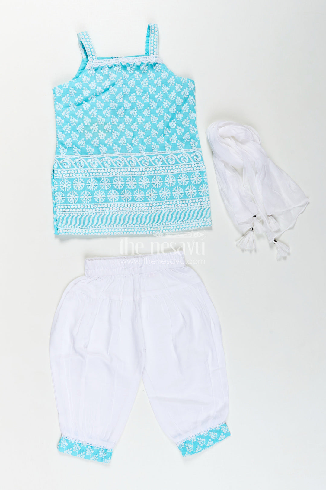 Girls New Chudi Set in Blue Cotton with Thread Embroidery Yoke and Matching White Dhoti Pants