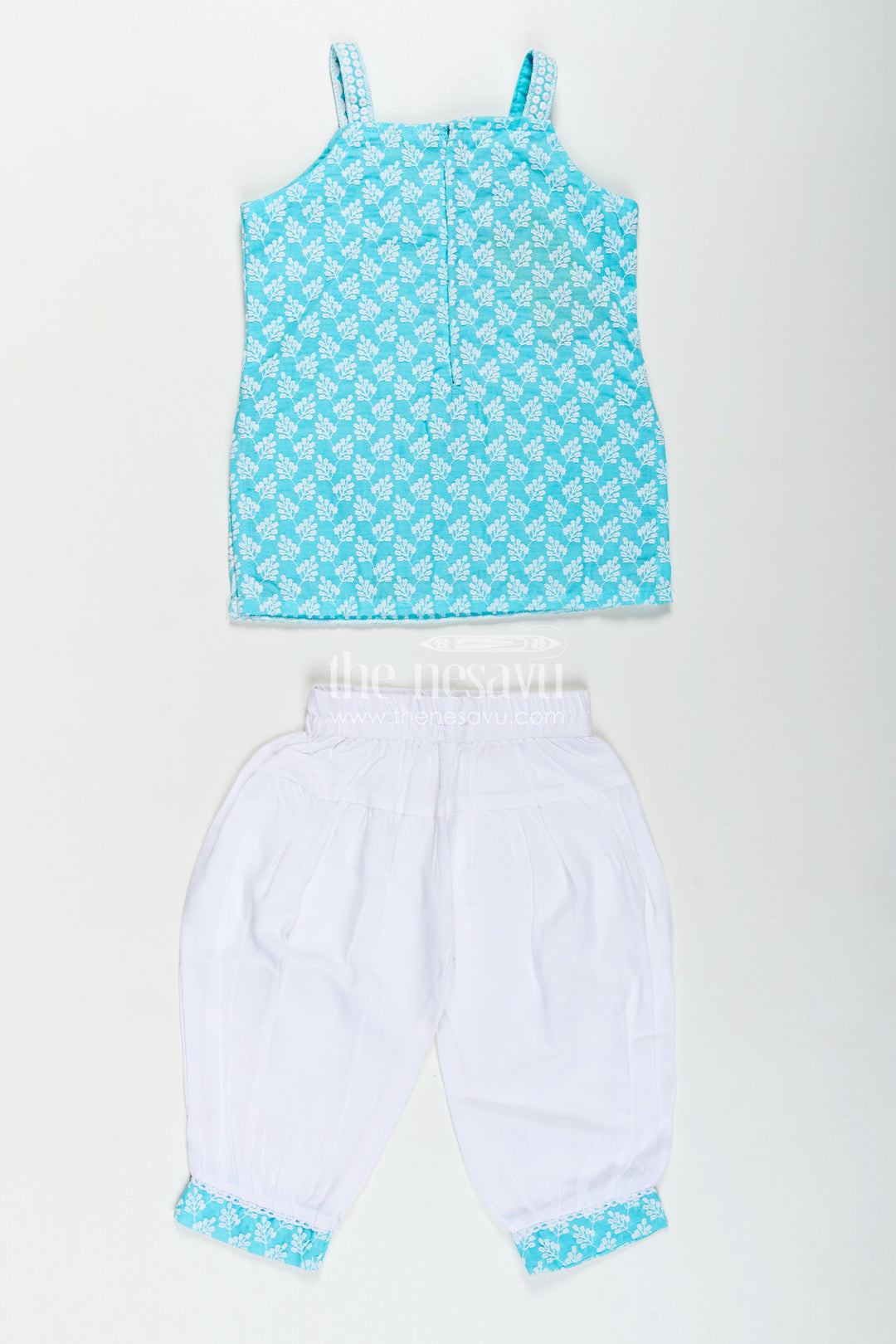 Girls New Chudi Set in Blue Cotton with Thread Embroidery Yoke and Matching White Dhoti Pants