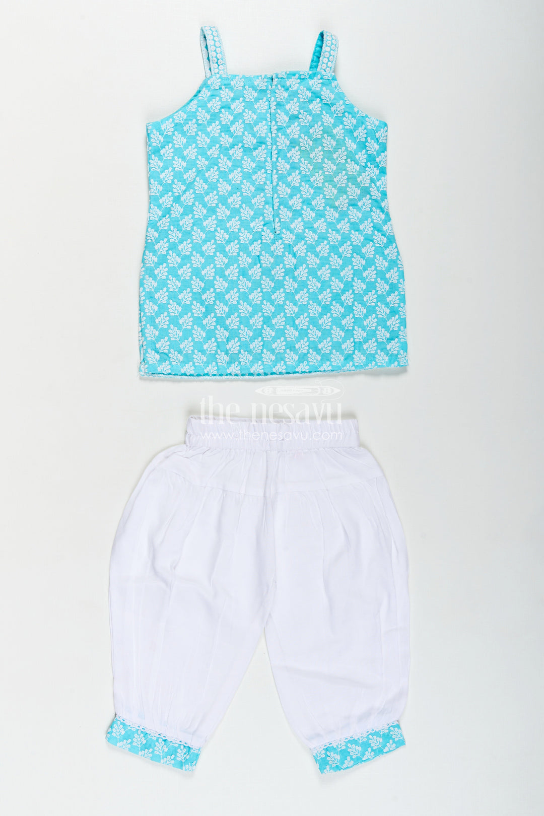 Girls New Chudi Set in Blue Cotton with Thread Embroidery Yoke and Matching White Dhoti Pants