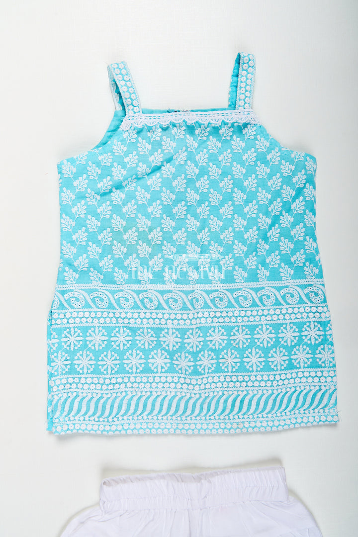 Girls New Chudi Set in Blue Cotton with Thread Embroidery Yoke and Matching White Dhoti Pants
