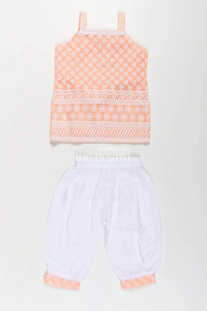 Girls Orange Chudi Set in Cotton with Embroidered Sleeveless Kurti and White Dhoti Pants