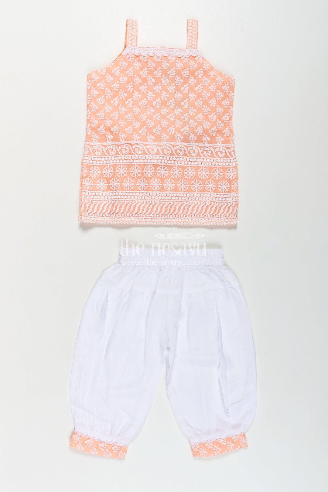 Girls Orange Chudi Set in Cotton with Embroidered Sleeveless Kurti and White Dhoti Pants
