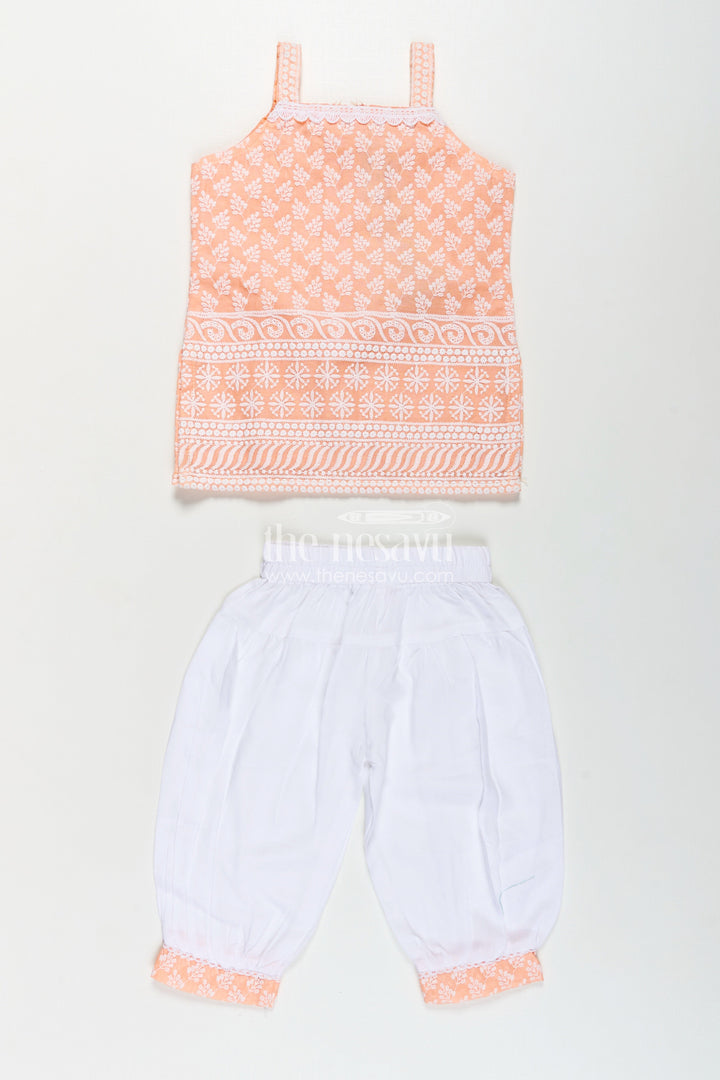 Girls Orange Chudi Set in Cotton with Embroidered Sleeveless Kurti and White Dhoti Pants
