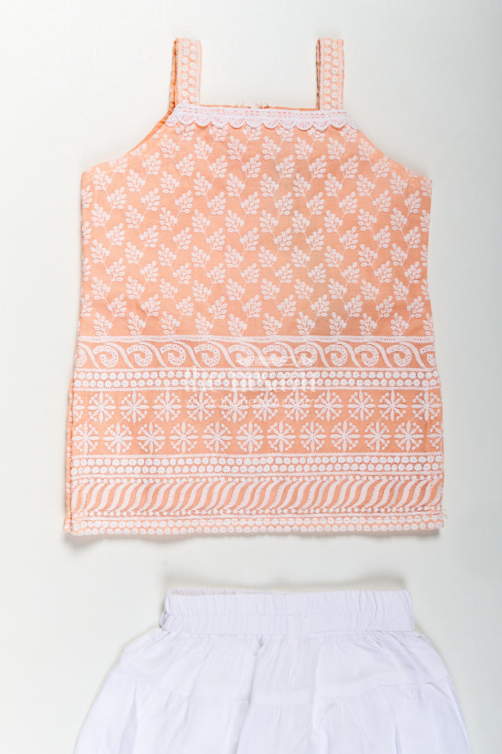 Girls Orange Chudi Set in Cotton with Embroidered Sleeveless Kurti and White Dhoti Pants