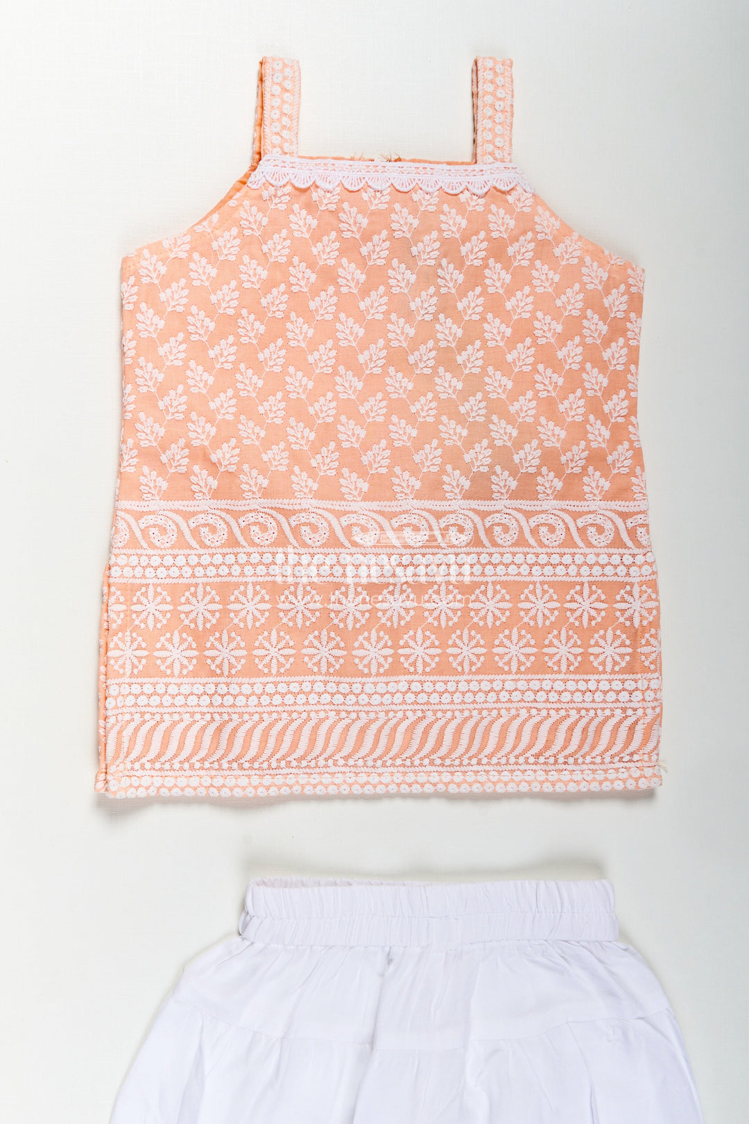 Girls Orange Chudi Set in Cotton with Embroidered Sleeveless Kurti and White Dhoti Pants