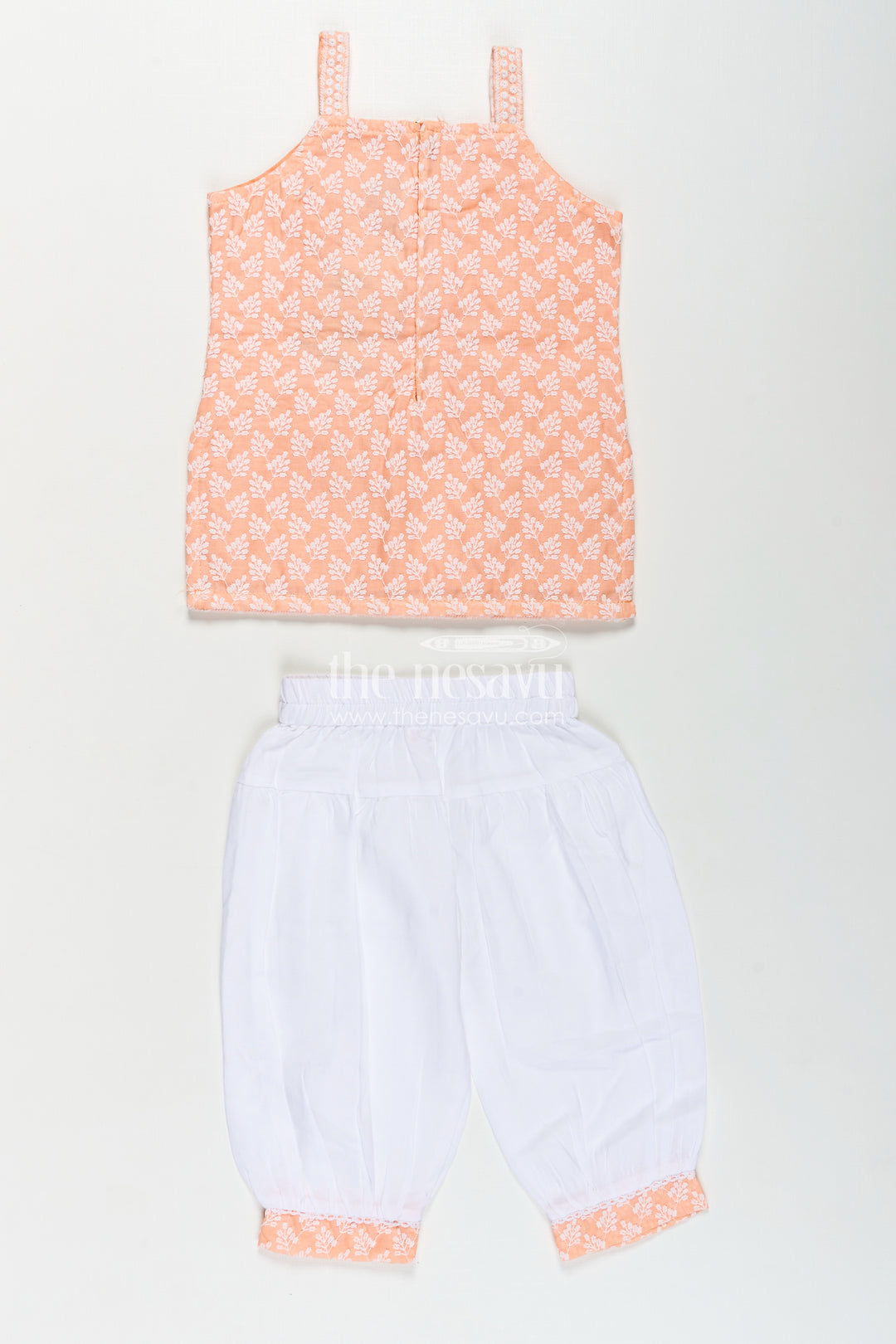 Girls Orange Chudi Set in Cotton with Embroidered Sleeveless Kurti and White Dhoti Pants