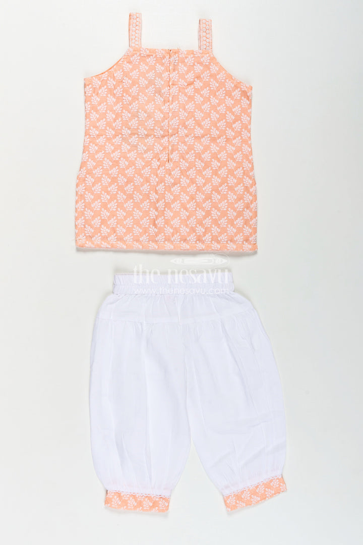 Girls Orange Chudi Set in Cotton with Embroidered Sleeveless Kurti and White Dhoti Pants