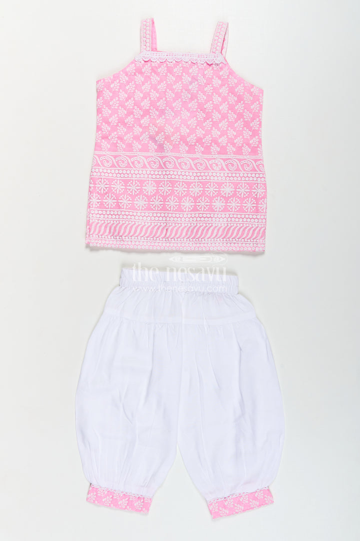 Girls Pink Colour Chudi Set in Cotton with Thread Embroidery Yoke and Elegant Dhoti Bottoms