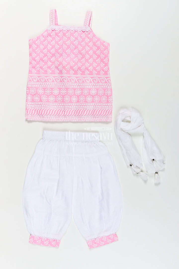 Girls Pink Colour Chudi Set in Cotton with Thread Embroidery Yoke and Elegant Dhoti Bottoms