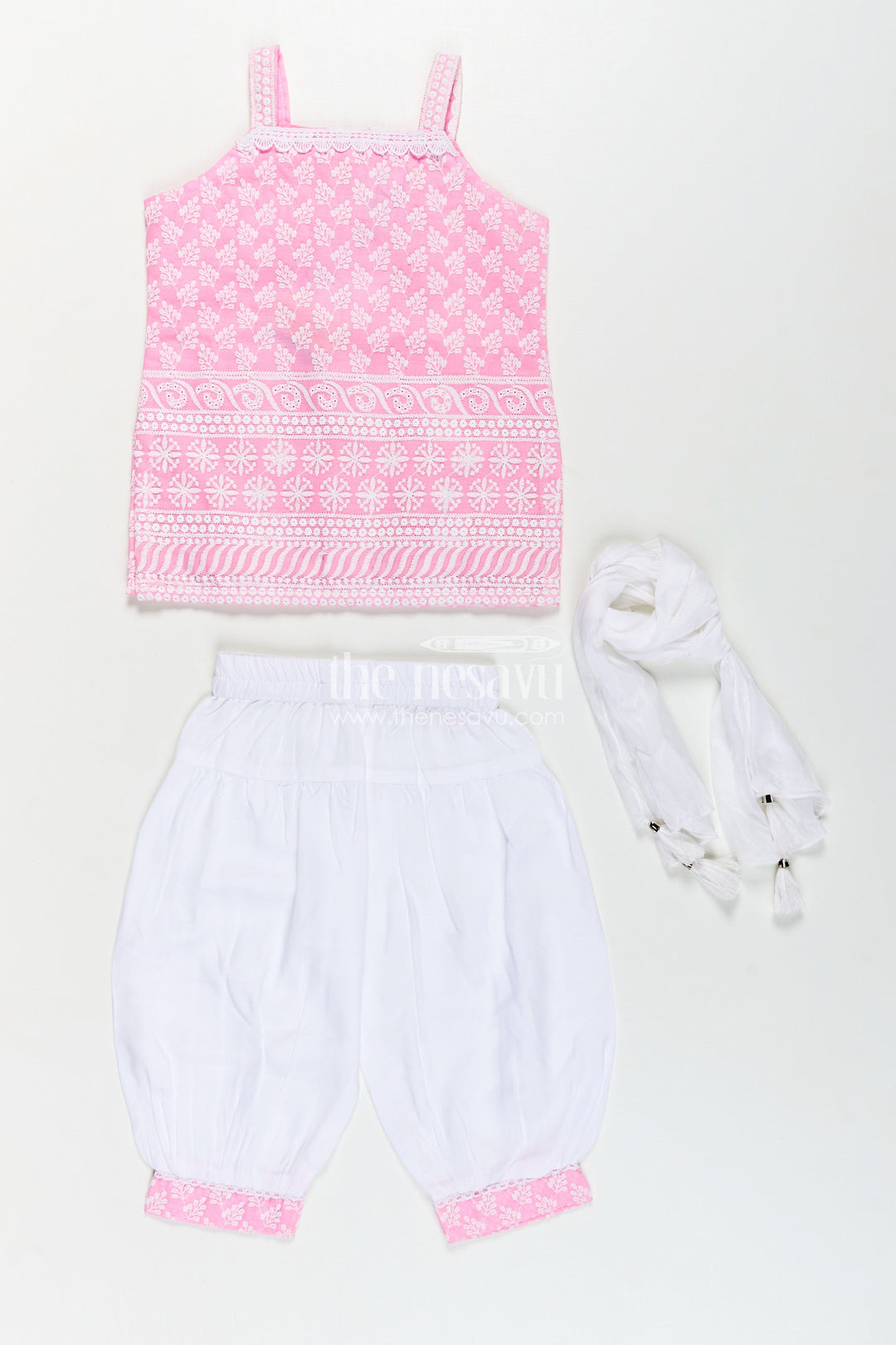 Girls Pink Colour Chudi Set in Cotton with Thread Embroidery Yoke and Elegant Dhoti Bottoms