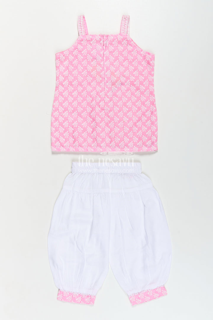 Girls Pink Colour Chudi Set in Cotton with Thread Embroidery Yoke and Elegant Dhoti Bottoms