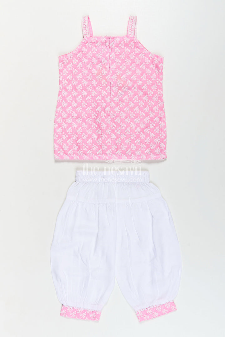 Girls Pink Colour Chudi Set in Cotton with Thread Embroidery Yoke and Elegant Dhoti Bottoms