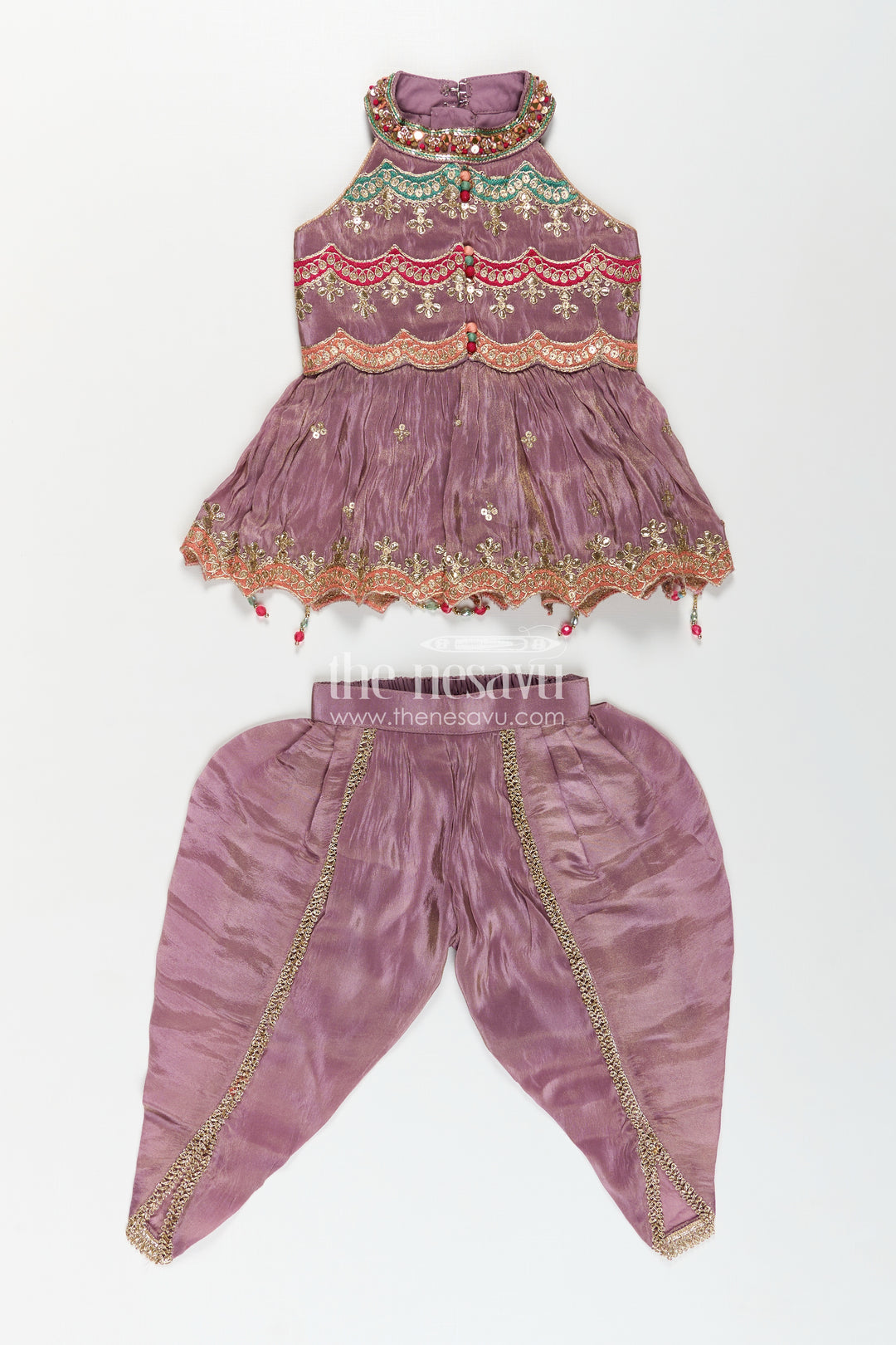Girls Shimmer Sharara Kurta Set in Mauve Viscose Silk with Designer Embroidery and Jacket