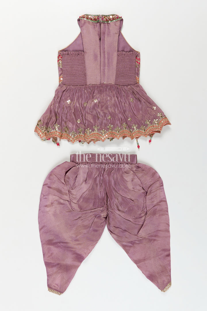 Girls Shimmer Sharara Kurta Set in Mauve Viscose Silk with Designer Embroidery and Jacket