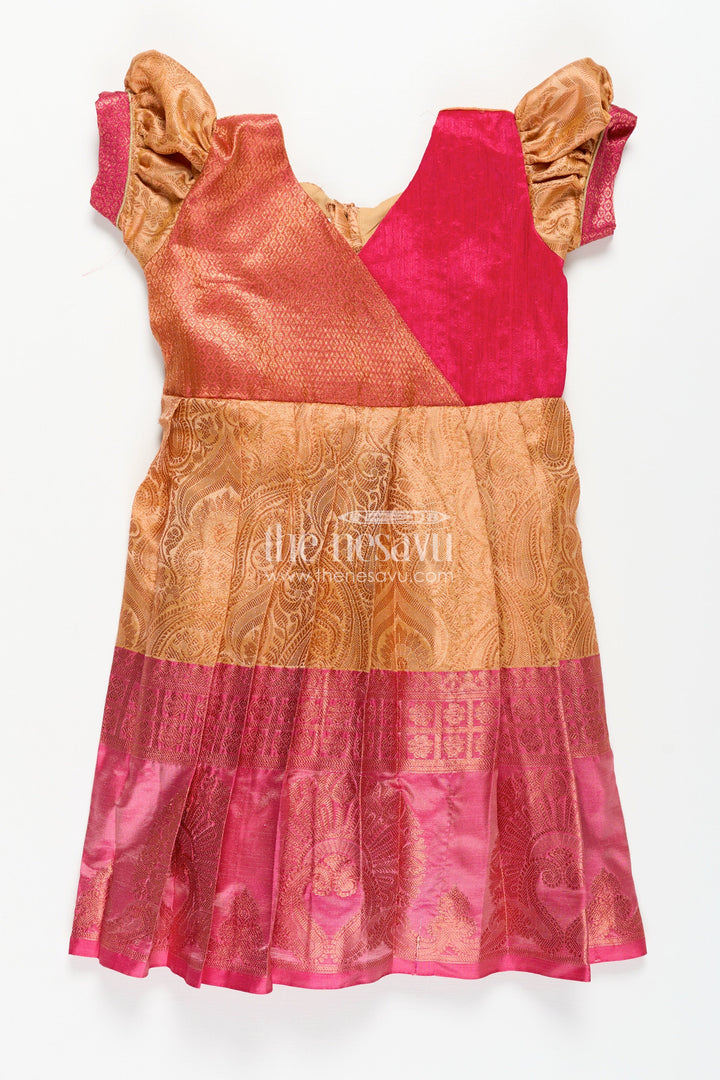 Dress Frock for Girls in Semi Silk with Pin-Tuck Yoke and Dual Tone Zari Border Skirt