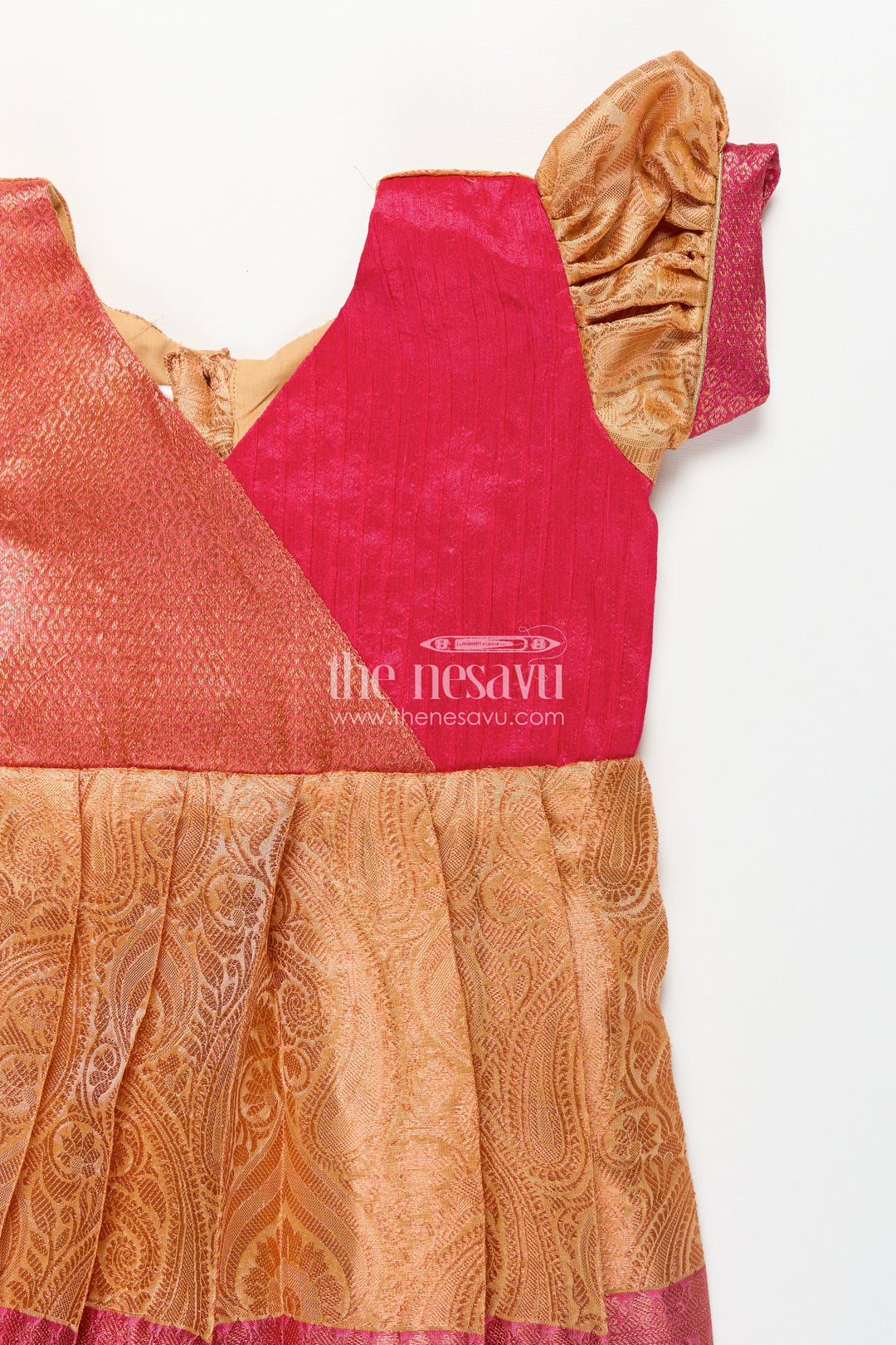 Dress Frock for Girls in Semi Silk with Pin-Tuck Yoke and Dual Tone Zari Border Skirt