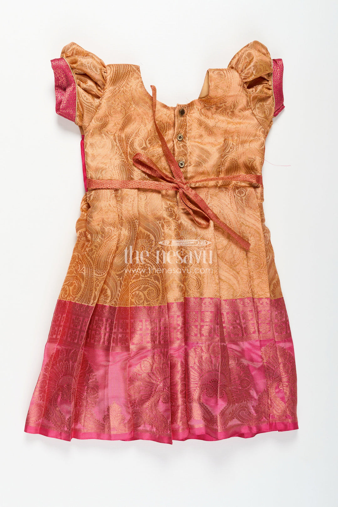 Dress Frock for Girls in Semi Silk with Pin-Tuck Yoke and Dual Tone Zari Border Skirt