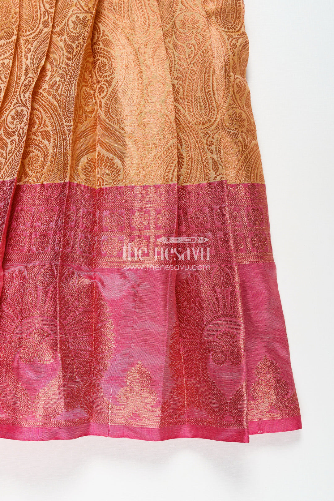 Dress Frock for Girls in Semi Silk with Pin-Tuck Yoke and Dual Tone Zari Border Skirt
