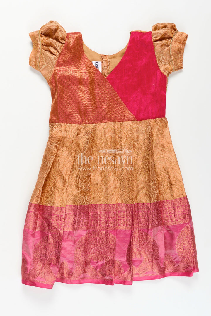 Girls Semi Silk Orange Silk Frock with Magenta Pin-Tuck Yoke and Bold Jacquard Hem Border