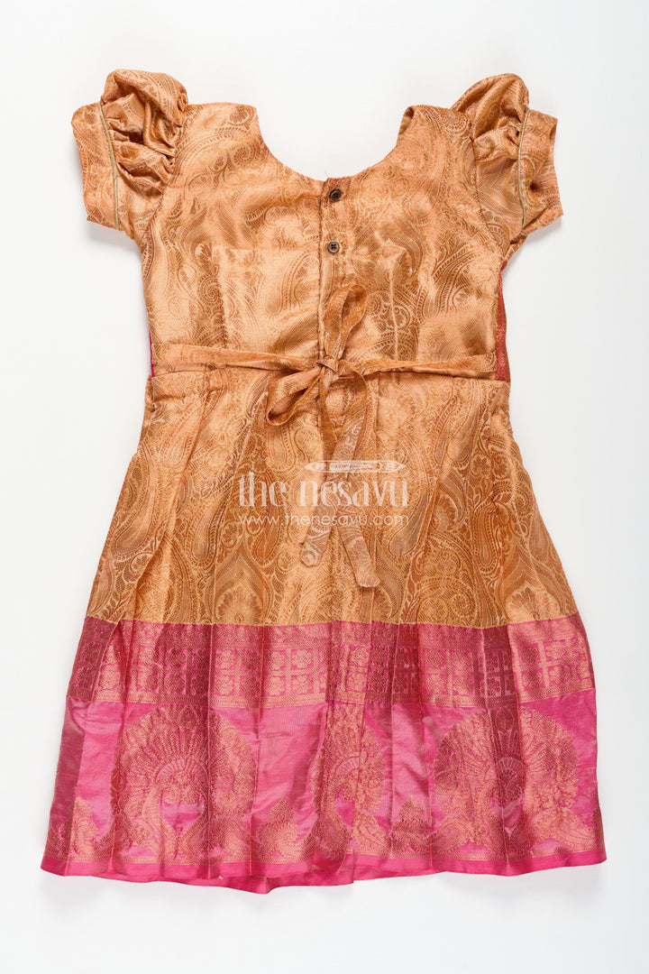 Girls Semi Silk Orange Silk Frock with Magenta Pin-Tuck Yoke and Bold Jacquard Hem Border