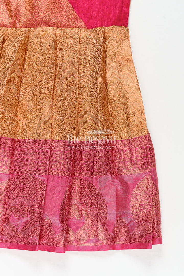 Girls Semi Silk Orange Silk Frock with Magenta Pin-Tuck Yoke and Bold Jacquard Hem Border
