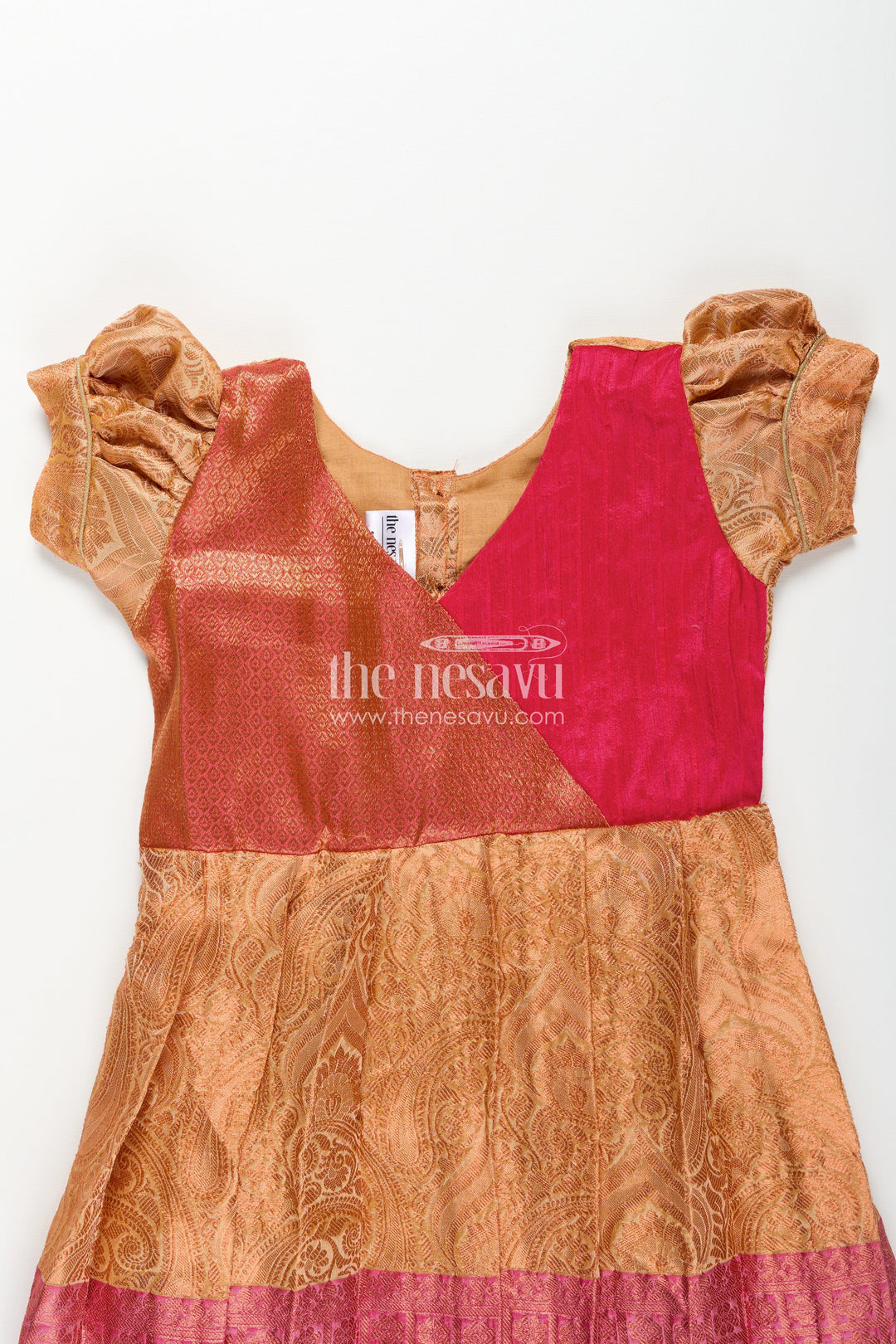 Girls Semi Silk Orange Silk Frock with Magenta Pin-Tuck Yoke and Bold Jacquard Hem Border