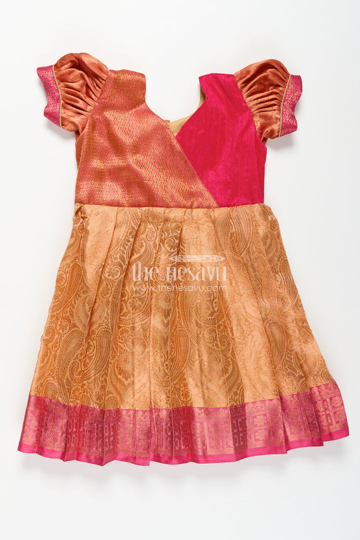 Girls Semi Silk Orange Colour Silk Frock with Pin-Tuck Yoke and Traditional Pleated Design