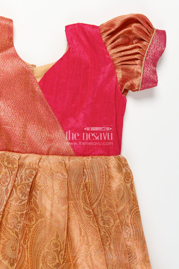Girls Semi Silk Orange Colour Silk Frock with Pin-Tuck Yoke and Traditional Pleated Design