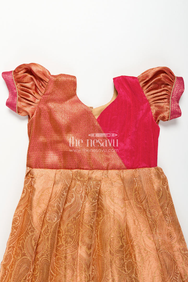 Girls Semi Silk Orange Colour Silk Frock with Pin-Tuck Yoke and Traditional Pleated Design