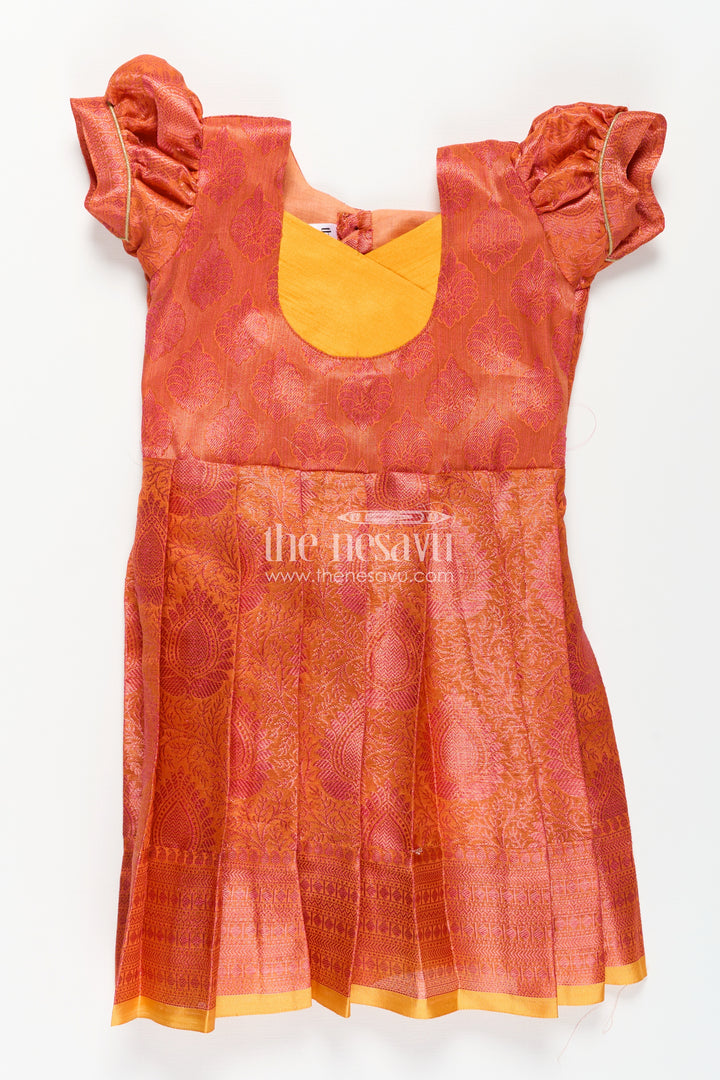 Girls Semi Silk Pure Silk Frock in Orange with Yellow Yoke and Brocade Pleated Skirt