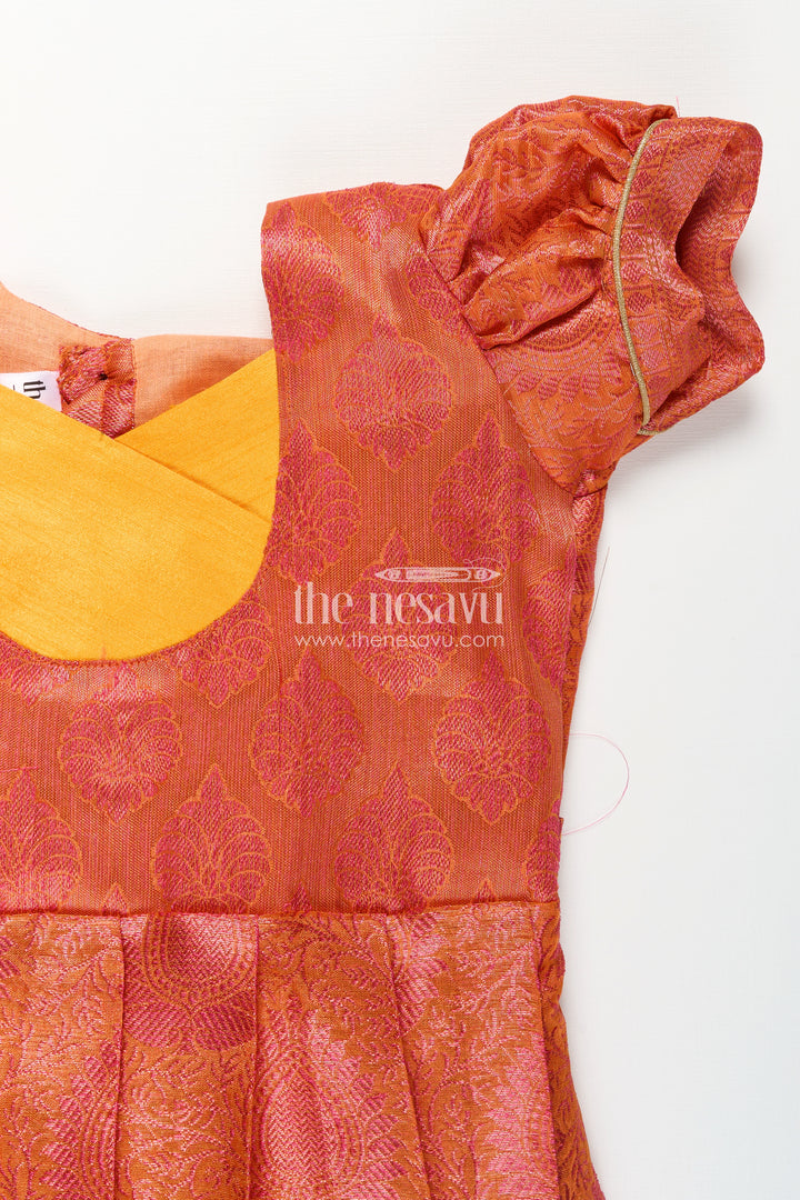 Girls Semi Silk Pure Silk Frock in Orange with Yellow Yoke and Brocade Pleated Skirt
