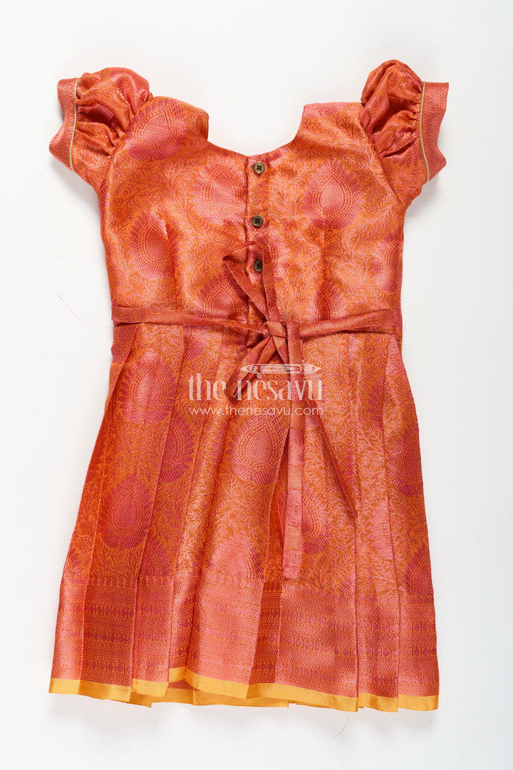 Girls Semi Silk Pure Silk Frock in Orange with Yellow Yoke and Brocade Pleated Skirt