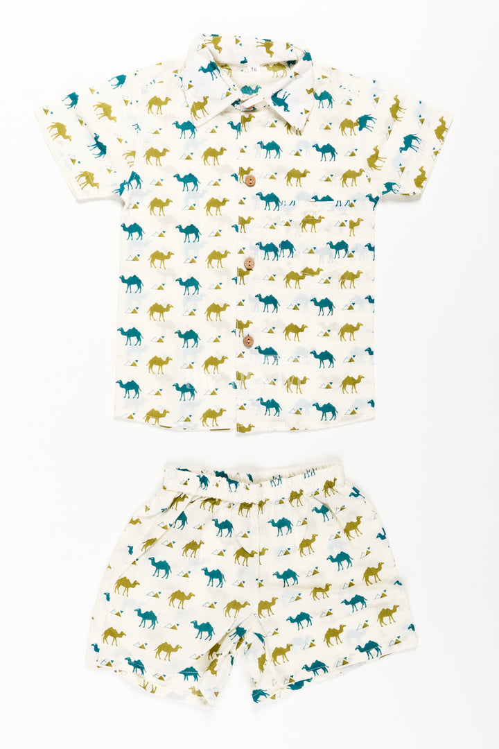 Boys Cotton Casual Shirt Set with Animal Digital Print and Matching Shorts in Cream Base