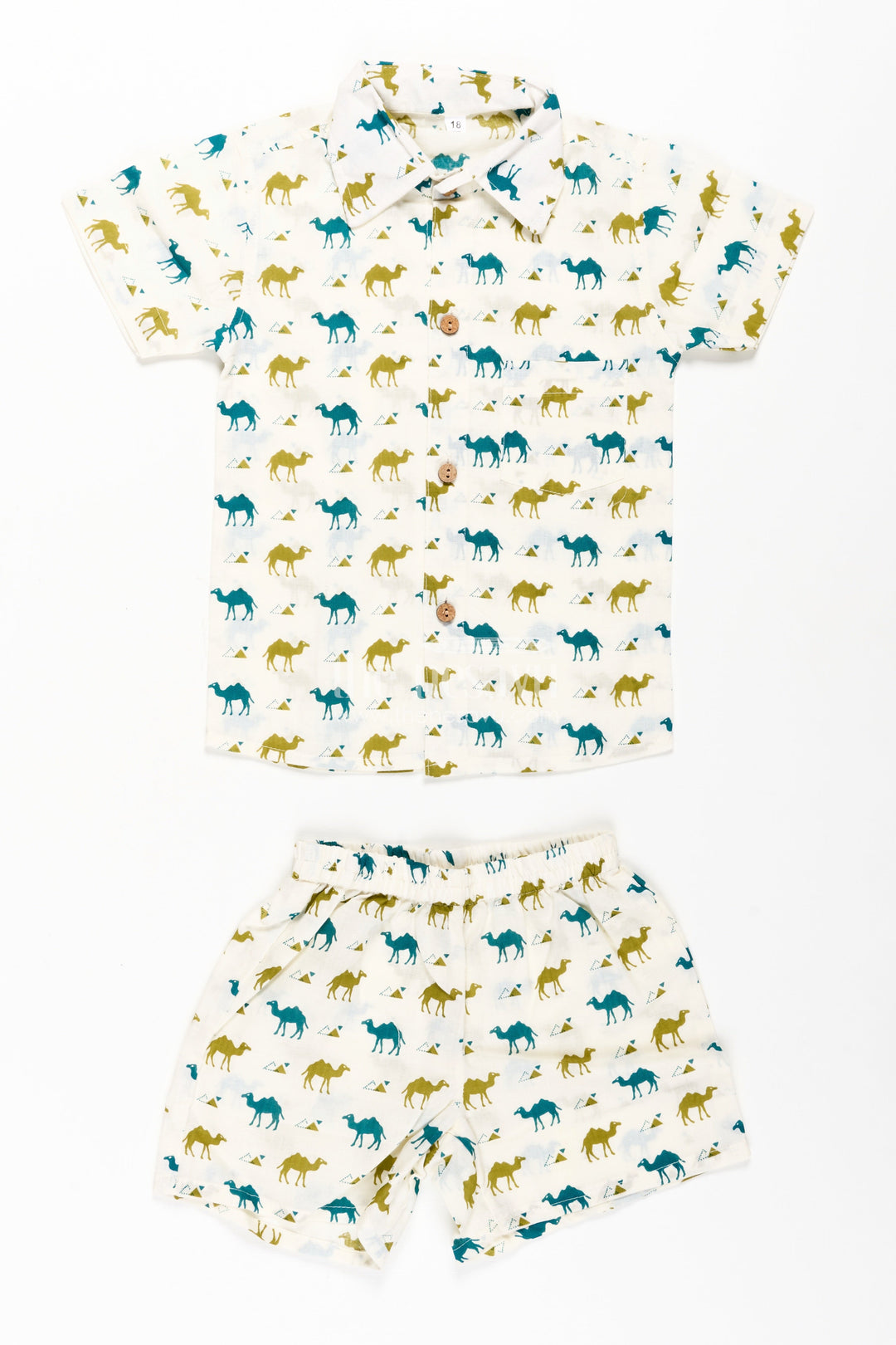Boys Cotton Casual Shirt Set with Animal Digital Print and Matching Shorts in Cream Base