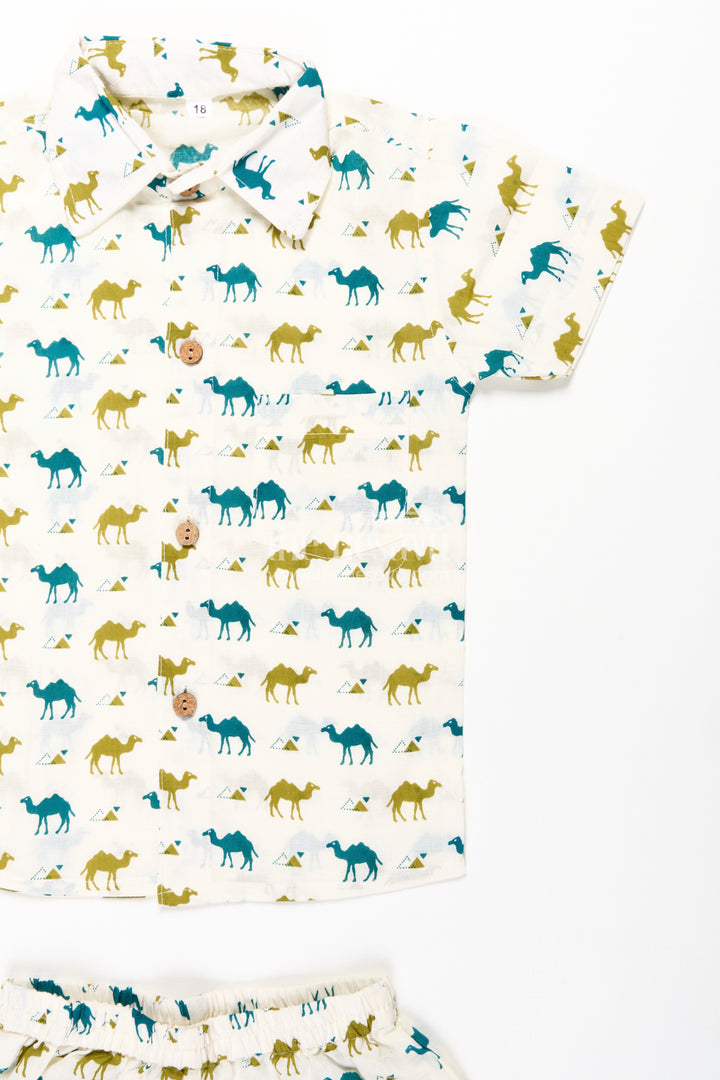 Boys Cotton Casual Shirt Set with Animal Digital Print and Matching Shorts in Cream Base