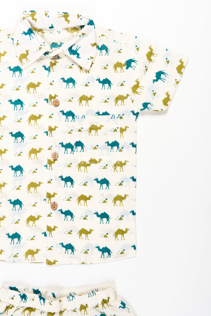 Boys Cotton Casual Shirt Set with Animal Digital Print and Matching Shorts in Cream Base