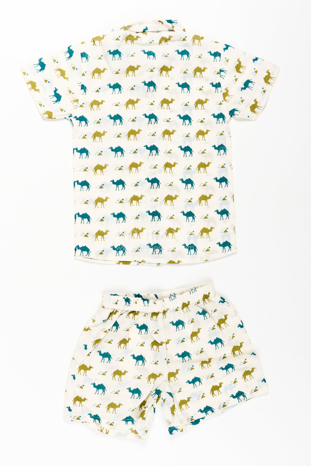 Boys Cotton Casual Shirt Set with Animal Digital Print and Matching Shorts in Cream Base