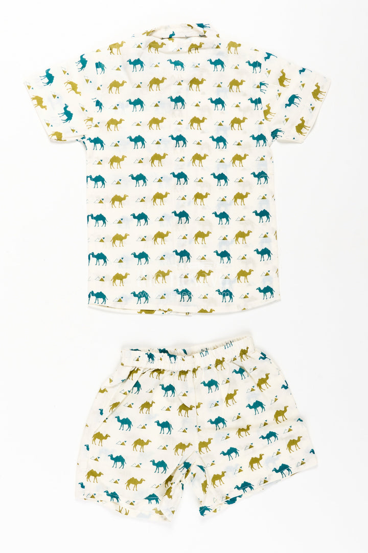 Boys Cotton Casual Shirt Set with Animal Digital Print and Matching Shorts in Cream Base