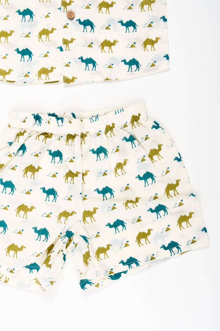 Boys Cotton Casual Shirt Set with Animal Digital Print and Matching Shorts in Cream Base