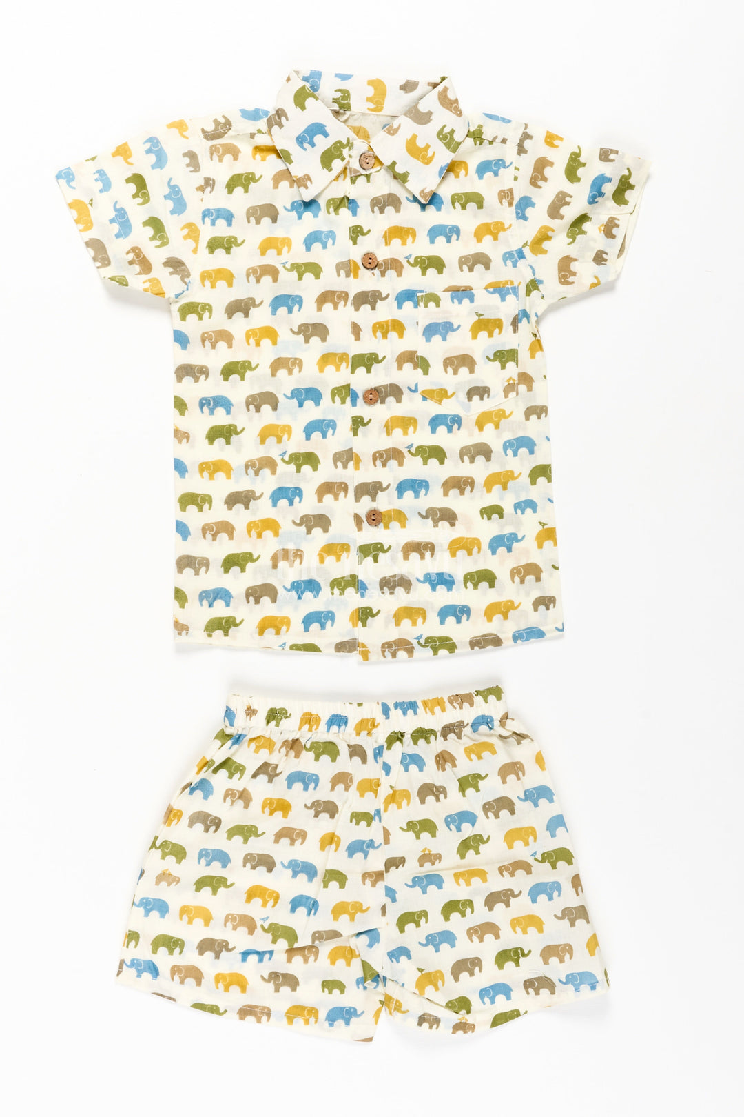 Boys Cotton Casual Wear Shirts Set with Elephant Digital Print and Matching Summer Shorts