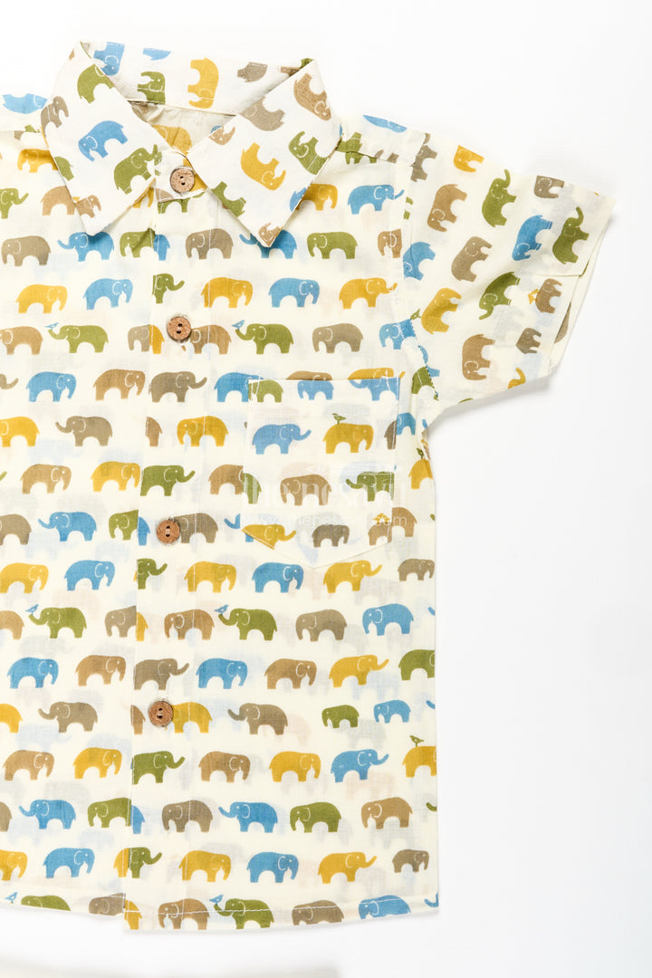 Boys Cotton Casual Wear Shirts Set with Elephant Digital Print and Matching Summer Shorts