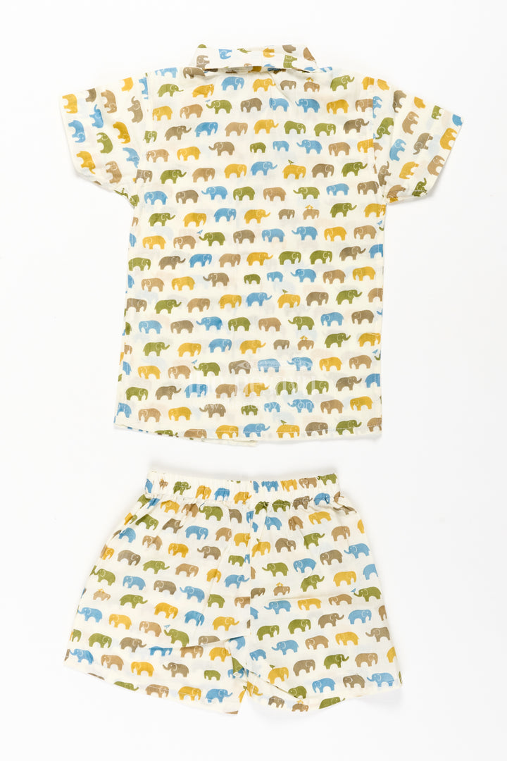 Boys Cotton Casual Wear Shirts Set with Elephant Digital Print and Matching Summer Shorts