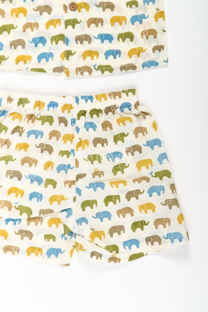 Boys Cotton Casual Wear Shirts Set with Elephant Digital Print and Matching Summer Shorts