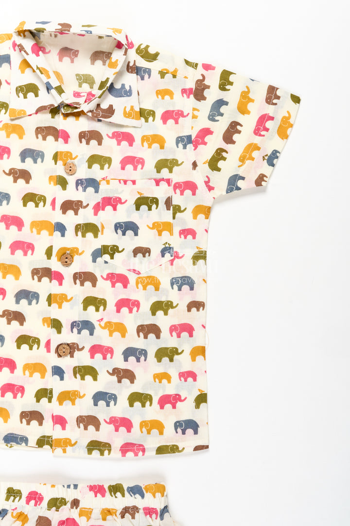 Boys Cool Casual Outfits in Cotton with Multicolor Elephant Digital Print Shirt and Shorts Set
