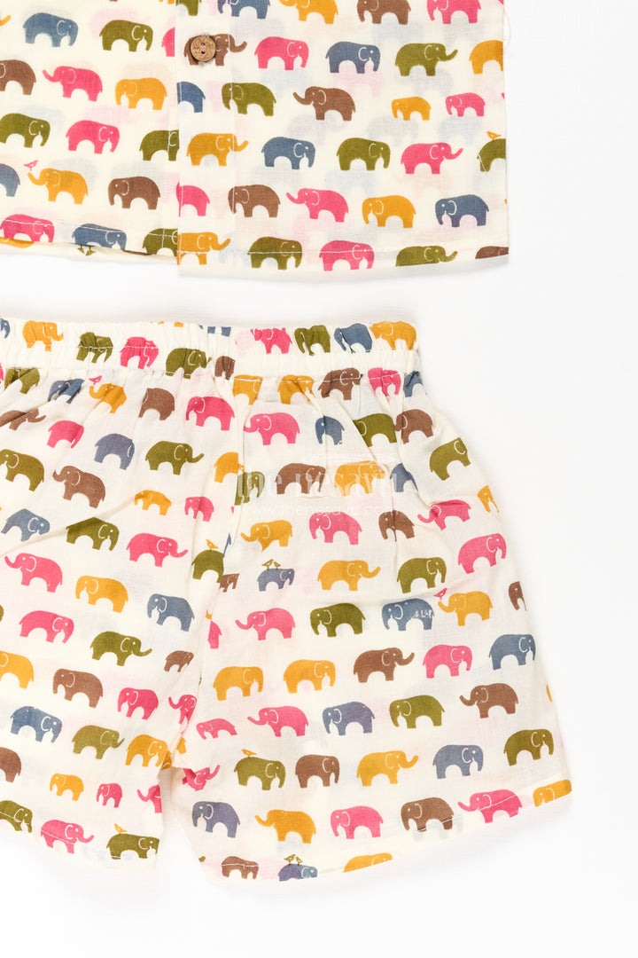 Boys Cool Casual Outfits in Cotton with Multicolor Elephant Digital Print Shirt and Shorts Set