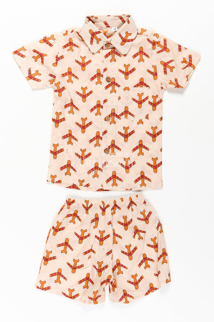 Boys Cotton Casual Dresses Set with Digital Print in Beige and Rust Tones for Everyday Style