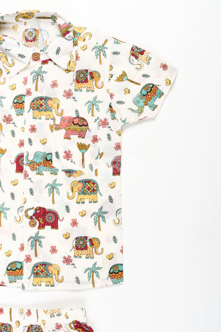 Boys Smart Casual Dress Set in Cotton with Elephant Digital Print and Short Sleeve Shirt