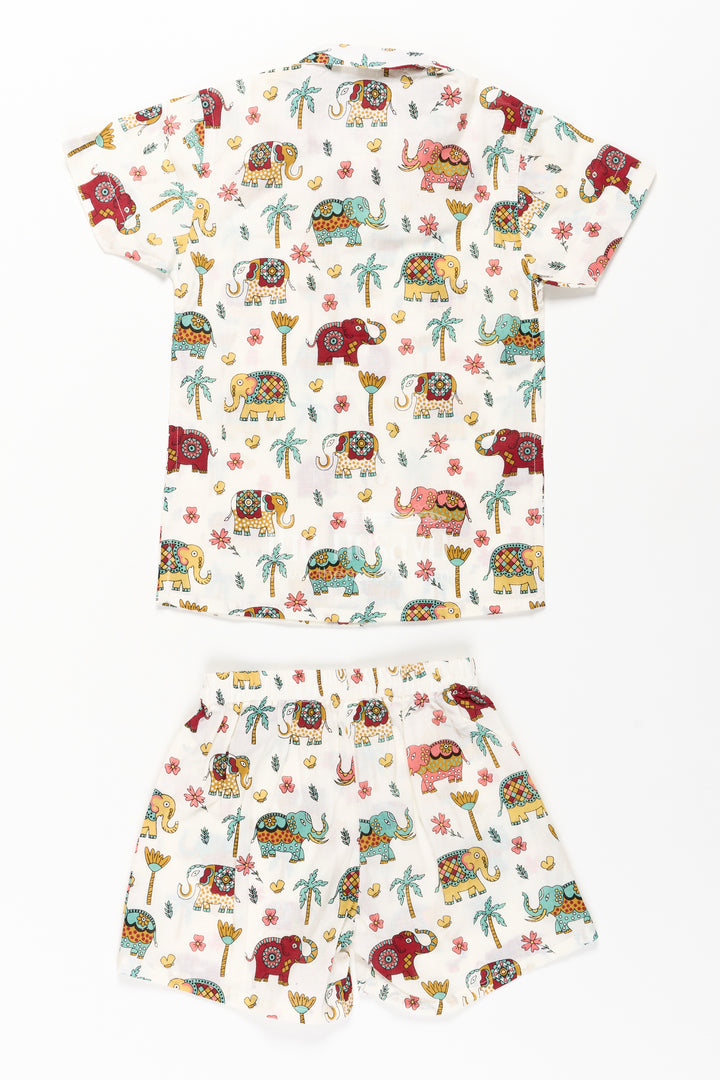 Boys Smart Casual Dress Set in Cotton with Elephant Digital Print and Short Sleeve Shirt